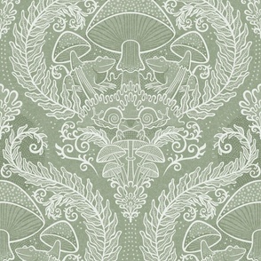 Frogs and Mushrooms Damask- Magic Forest- Ferns- Snails- Toads- Cottagecore- Arts and Crafts- Victorian- Hollywood Regency- Soft Sage Green- Muted Pastel Earthy Green- Medium