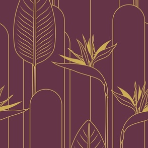Large Tropical Art Deco Hollywood Gold  Bird of Paradise and Arches with Benjamin Moore Dark Burgundy Background