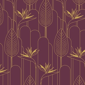 Medium Tropical Art Deco Hollywood Gold  Bird of Paradise and Arches with Benjamin Moore Dark Burgundy Background