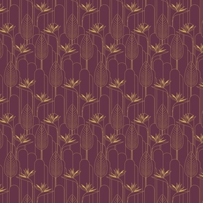 Small Tropical Art Deco Hollywood Gold  Bird of Paradise and Arches with Benjamin Moore Dark Burgundy Background