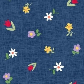 Shower of Flowers on Navy Linen 7” small