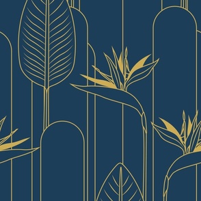 Large Tropical Art Deco Hollywood Gold  Bird of Paradise and Arches with Benjamin Moore Marine Blue Background