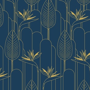 Medium Tropical Art Deco Hollywood Gold  Bird of Paradise and Arches with Benjamin Moore Marine Blue Background