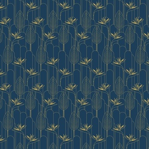 Small Tropical Art Deco Hollywood Gold  Bird of Paradise and Arches with Benjamin Moore Marine Blue Background