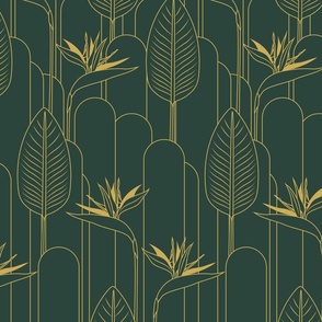 Medium Tropical Art Deco Hollywood Gold  Bird of Paradise and Arches with Benjamin Hunter Green Background