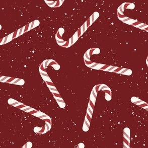 S ✹ Festive Red and White Peppermint Candy Canes on a Deep Red Background