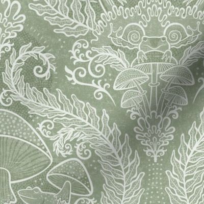 Frogs and Mushrooms Damask- Magic Forest- Ferns- Snails- Toads- Cottagecore- Arts and Crafts- Victorian- Hollywood Regency- Soft Sage Green- Muted Pastel Earthy Green- Small