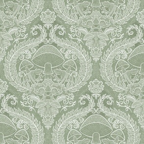 Frogs and Mushrooms Damask- Magic Forest- Ferns- Snails- Toads- Cottagecore- Arts and Crafts- Victorian- Hollywood Regency- Soft Sage Green- Muted Pastel Earthy Green- Small