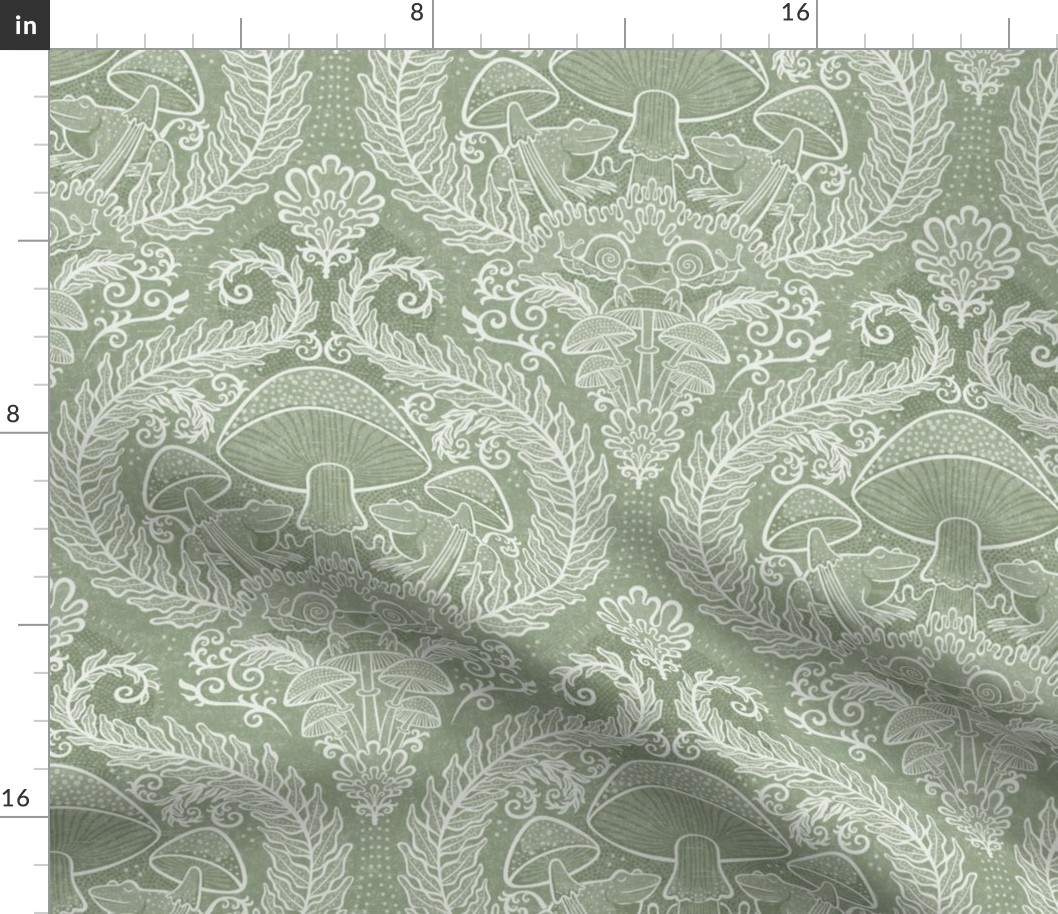 Frogs and Mushrooms Damask- Magic Forest- Ferns- Snails- Toads- Cottagecore- Arts and Crafts- Victorian- Hollywood Regency- Soft Sage Green- Muted Pastel Earthy Green- Small