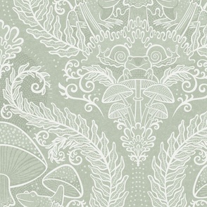 Frogs and Mushrooms Damask- Magic Forest- Ferns- Snails- Toads- Cottagecore- Arts and Crafts- Victorian- Hollywood Regency- Soft Light Sage Green- Muted Pastel Earthy Green- Large