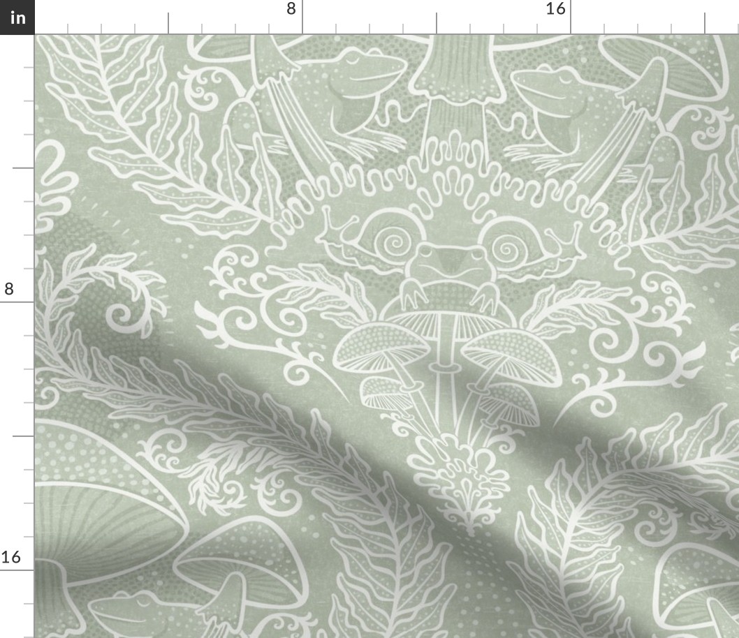 Frogs and Mushrooms Damask- Magic Forest- Ferns- Snails- Toads- Cottagecore- Arts and Crafts- Victorian- Hollywood Regency- Soft Light Sage Green- Muted Pastel Earthy Green- Large