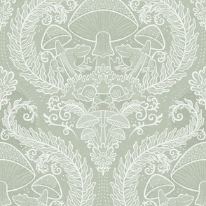 Frogs and Mushrooms Damask- Magic Forest- Ferns- Snails- Toads- Cottagecore- Arts and Crafts- Victorian- Hollywood Regency- Soft Light Sage Green- Muted Pastel Earthy Green- Medium