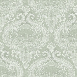 Frogs and Mushrooms Damask- Magic Forest- Ferns- Snails- Toads- Cottagecore- Arts and Crafts- Victorian- Hollywood Regency- Soft Light Sage Green- Muted Pastel Earthy Green- Small