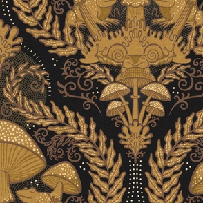 Frogs and Mushrooms Damask- Magic Forest- Ferns- Snails- Toads- Cottagecore- Arts and Crafts- Victorian- Hollywood Regency- Gold and Black- Ochre- Golden Mustard- Earth Tones- Large