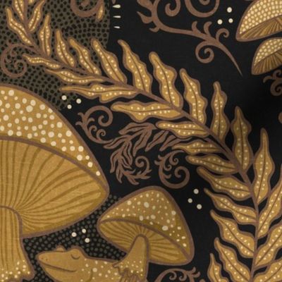 Frogs and Mushrooms Damask- Magic Forest- Ferns- Snails- Toads- Cottagecore- Arts and Crafts- Victorian- Hollywood Regency- Gold and Black- Ochre- Golden Mustard- Earth Tones- Medium