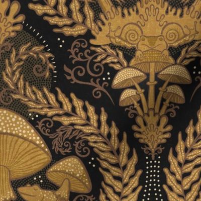 Frogs and Mushrooms Damask- Magic Forest- Ferns- Snails- Toads- Cottagecore- Arts and Crafts- Victorian- Hollywood Regency- Gold and Black- Ochre- Golden Mustard- Earth Tones- Small