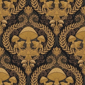 Frogs and Mushrooms Damask- Magic Forest- Ferns- Snails- Toads- Cottagecore- Arts and Crafts- Victorian- Hollywood Regency- Gold and Black- Ochre- Golden Mustard- Earth Tones- Small