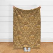 Frogs and Mushrooms Damask- Magic Forest- Ferns- Snails- Toads- Cottagecore- Arts and Crafts- Victorian- Hollywood Regency- Gold and Brown- Ochre- Golden Mustard- Earth Tones- Large