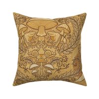 Frogs and Mushrooms Damask- Magic Forest- Ferns- Snails- Toads- Cottagecore- Arts and Crafts- Victorian- Hollywood Regency- Gold and Brown- Ochre- Golden Mustard- Earth Tones- Medium