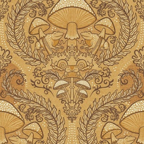 Frogs and Mushrooms Damask- Magic Forest- Ferns- Snails- Toads- Cottagecore- Arts and Crafts- Victorian- Hollywood Regency- Gold and Brown- Ochre- Golden Mustard- Earth Tones- Medium