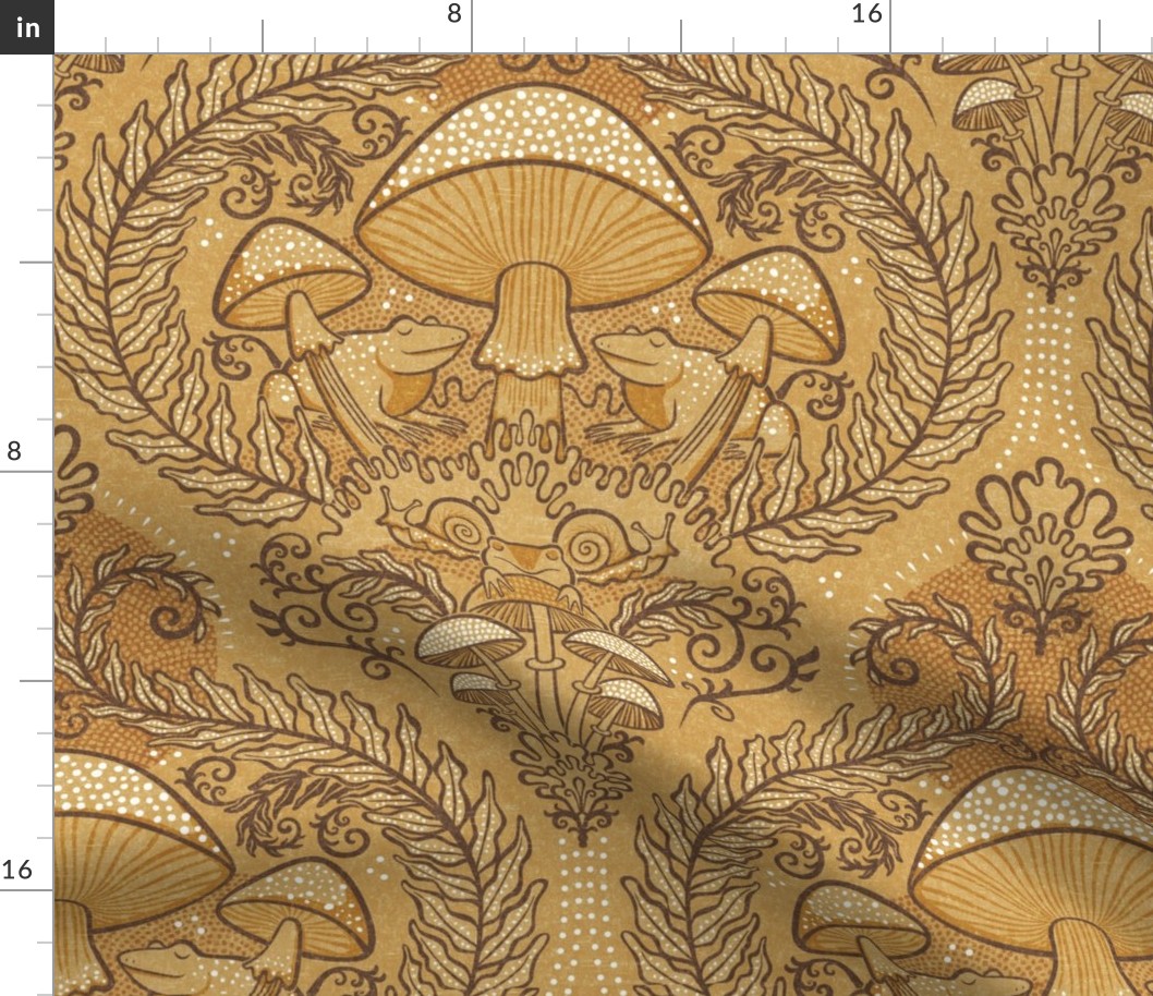 Frogs and Mushrooms Damask- Magic Forest- Ferns- Snails- Toads- Cottagecore- Arts and Crafts- Victorian- Hollywood Regency- Gold and Brown- Ochre- Golden Mustard- Earth Tones- Medium