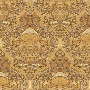 Frogs and Mushrooms Damask- Magic Forest- Ferns- Snails- Toads- Cottagecore- Arts and Crafts- Victorian- Hollywood Regency- Gold and Brown- Ochre- Golden Mustard- Earth Tones- Small