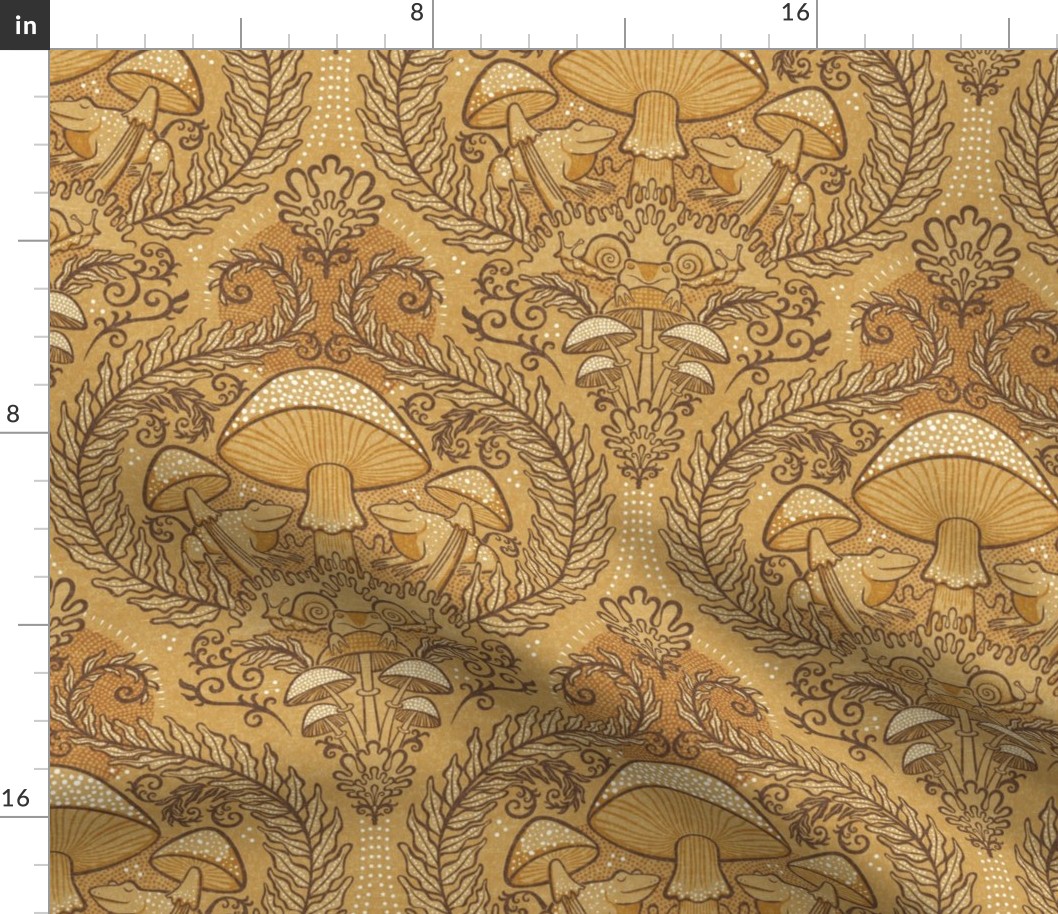 Frogs and Mushrooms Damask- Magic Forest- Ferns- Snails- Toads- Cottagecore- Arts and Crafts- Victorian- Hollywood Regency- Gold and Brown- Ochre- Golden Mustard- Earth Tones- Small
