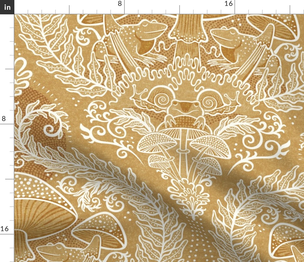 Frogs and Mushrooms Damask- Magic Forest- Ferns- Snails- Toads- Cottagecore- Arts and Crafts- Victorian- Hollywood Regency- Gold- Ochre- Golden Mustard- Earth Tones- Large