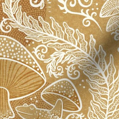 Frogs and Mushrooms Damask- Magic Forest- Ferns- Snails- Toads- Cottagecore- Arts and Crafts- Victorian- Hollywood Regency- Gold- Ochre- Golden Mustard- Earth Tones- Medium