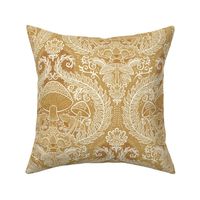 Frogs and Mushrooms Damask- Magic Forest- Ferns- Snails- Toads- Cottagecore- Arts and Crafts- Victorian- Hollywood Regency- Gold- Ochre- Golden Mustard- Earth Tones- Small