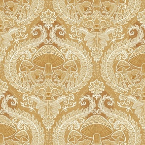 Frogs and Mushrooms Damask- Magic Forest- Ferns- Snails- Toads- Cottagecore- Arts and Crafts- Victorian- Hollywood Regency- Gold- Ochre- Golden Mustard- Earth Tones- Small