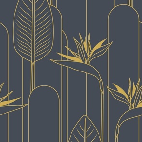 Large Tropical Art Deco Hollywood Gold  Bird of Paradise and Arches with Hale Navy Blue Background