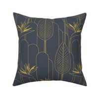 Medium Tropical Art Deco Hollywood Gold  Bird of Paradise and Arches with Hale Navy Blue Background