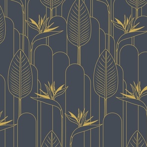 Medium Tropical Art Deco Hollywood Gold  Bird of Paradise and Arches with Hale Navy Blue Background