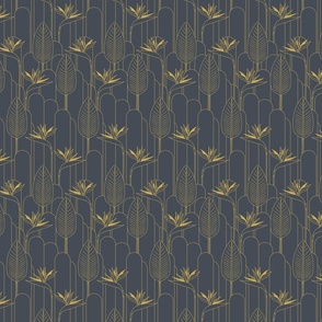 Small Tropical Art Deco Hollywood Gold  Bird of Paradise and Arches with Hale Navy Blue Background