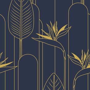 Large Tropical Art Deco Hollywood Gold  Bird of Paradise and Arches with Old Navy Blue Background