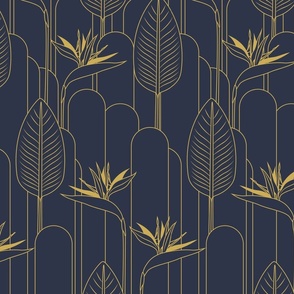 Medium Tropical Art Deco Hollywood Gold  Bird of Paradise and Arches with Old Navy Blue Background