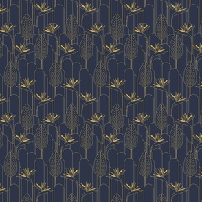 Small Tropical Art Deco Hollywood Gold  Bird of Paradise and Arches with Old Navy Blue Background