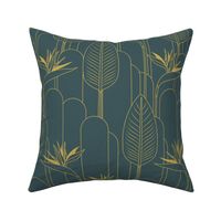 Medium Tropical Art Deco Hollywood Gold  Bird of Paradise and Arches with Olympus Green Background