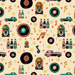Retro Party Wall on Cream Background featuring Record Albums, Jukebox, Bottled Soda, Pink Cadillac and Music Notes | Vintage Colors - Orange Turquoise Teal Pink | Hand Drawn Style Pattern