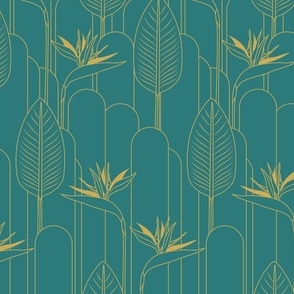 Medium Tropical Art Deco Hollywood Gold  Bird of Paradise and Arches with Teal Ocean Background