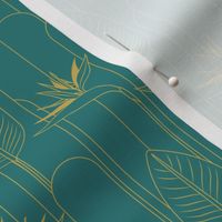 Small Tropical Art Deco Hollywood Gold  Bird of Paradise and Arches with Teal Ocean Background