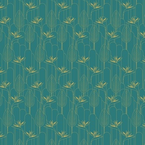 Small Tropical Art Deco Hollywood Gold  Bird of Paradise and Arches with Teal Ocean Background