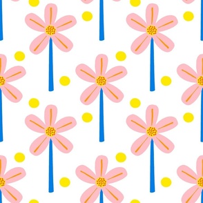Windmill Flowers Blush Grapefruit Pink, Lemon Yellow And Electric Blue Mini Floral Garden Daisy Picnic Party Cute Retro Modern Scandi Half-Drop Danish Daisy Garden And Polka Dot Floral Pattern