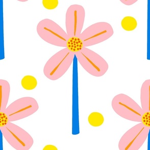 Windmill Flowers Blush Grapefruit Pink, Lemon Yellow And Electric Blue Floral Garden Daisy Picnic Party Cute Retro Modern Scandi Half-Drop Danish Daisy Garden And Polka Dot Floral Pattern