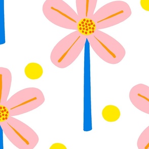 Windmill Flowers Blush Grapefruit Pink, Lemon Yellow And Electric Blue Big Floral Garden Daisy Picnic Party Cute Retro Modern Scandi Half-Drop Danish Daisy Garden And Polka Dot Floral Pattern