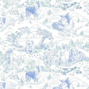 Country Dog Toile Light Blue with Green