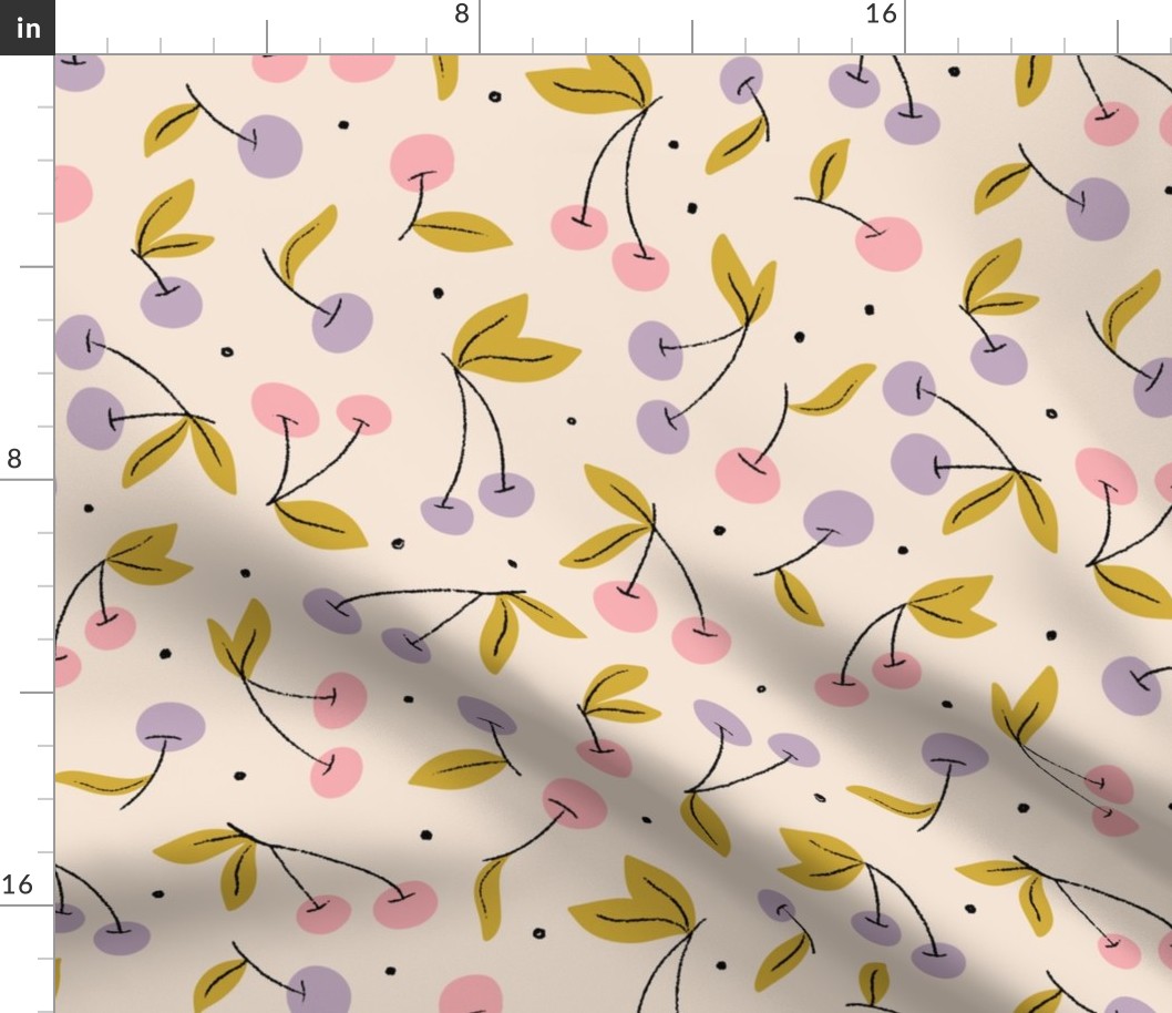 Scattered Cherries in "Natural" Colourway: Lavender and Pink on Beige (Large Scale)