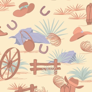 The Wild West with Horseshoes, Fence, Wagon Wheels, Western Boots and Hats, Tumbleweed, Aloe and Agave on Desert Sand