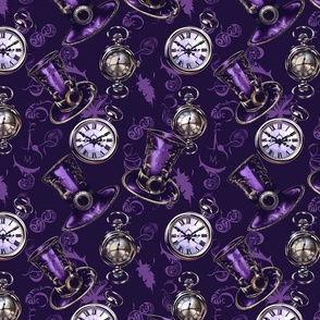 Purple Steampunk Top Hat and Pocket Watch Fabric and Wallpaper